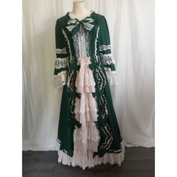 Victorian Costume Ball Gown Green M Renaissance Dress Princess Ruffles Cosplay - Picture 1 of 7